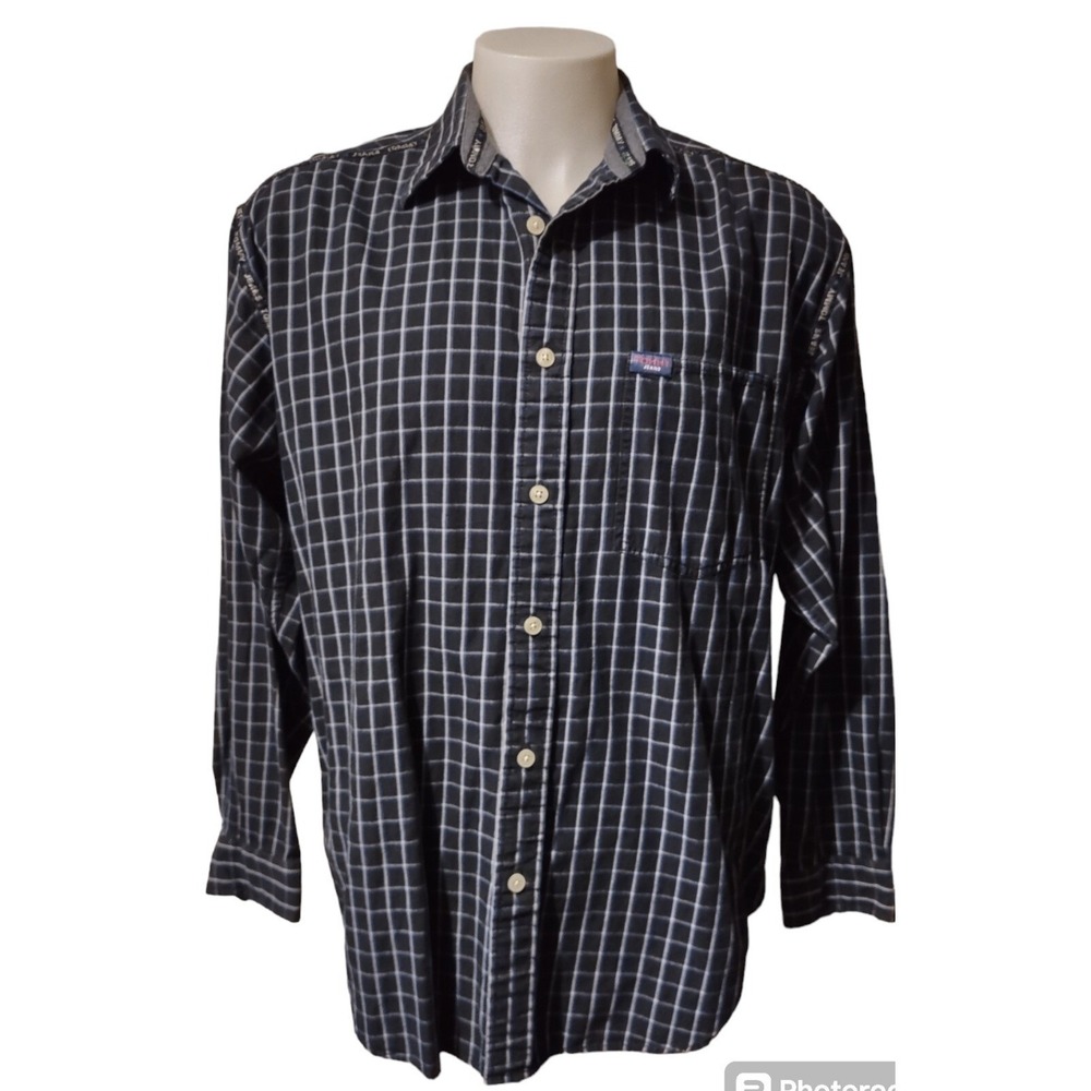 Button Down Shirt Tommy Jeans Black Large Vintage Plaid Check 90s Streetwear Y2K